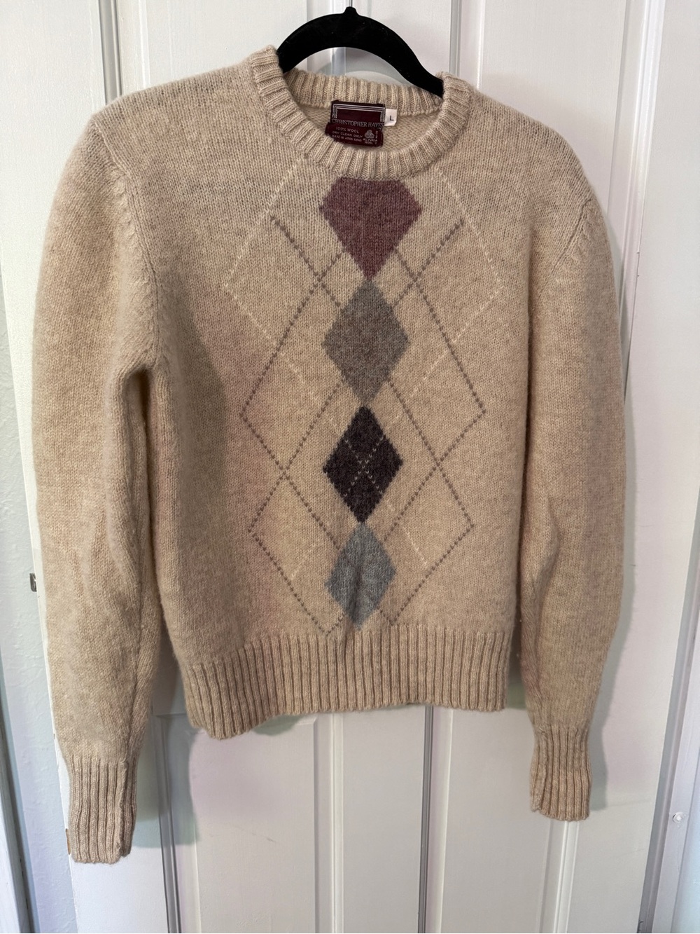 100% Wool Women's Beige Argyle Crewneck Sweater - Classic Soft Knit